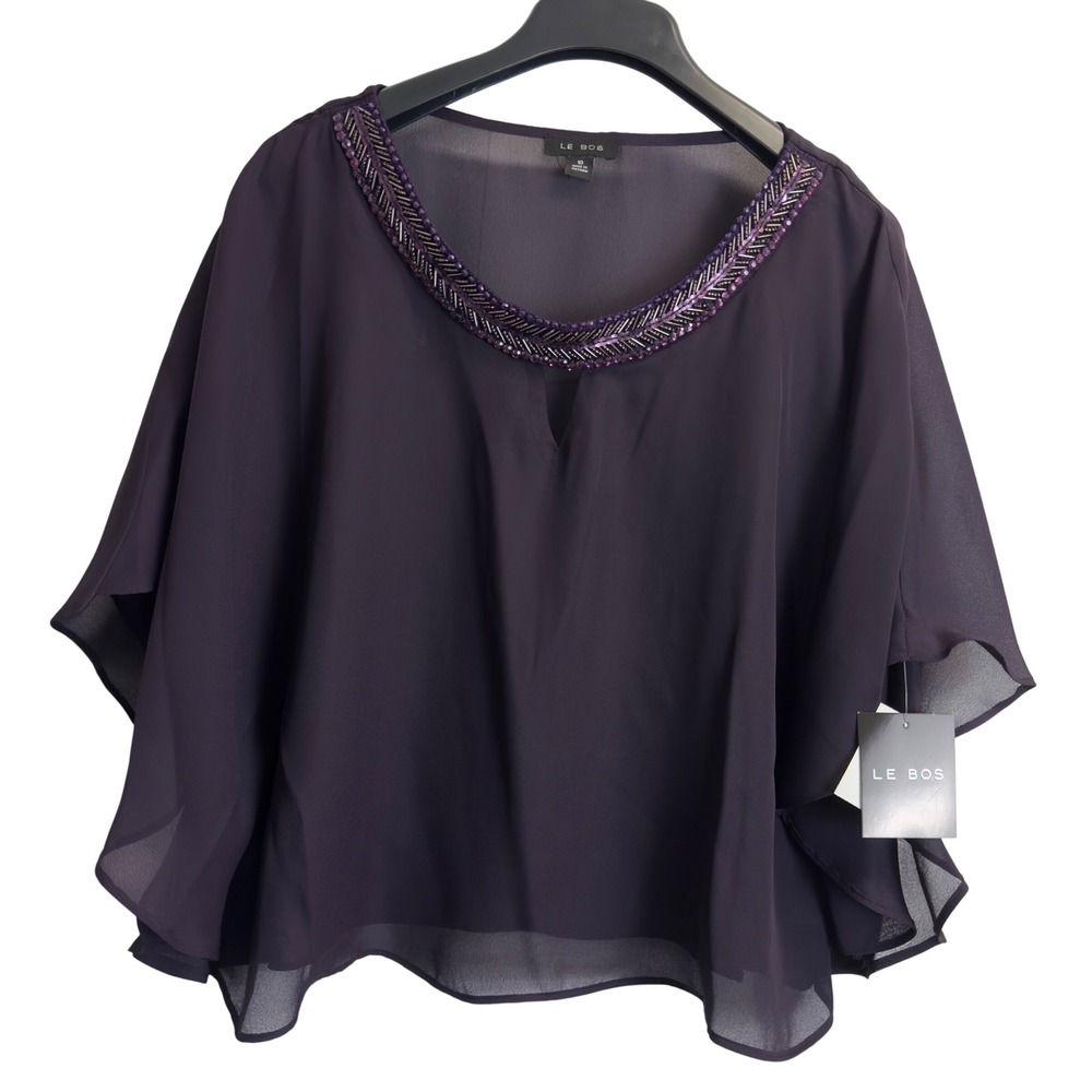 Le Bos Eggplant Purple Beaded Neck Chiffon Cape Blouse Top 10 NWT Sheer Batwing